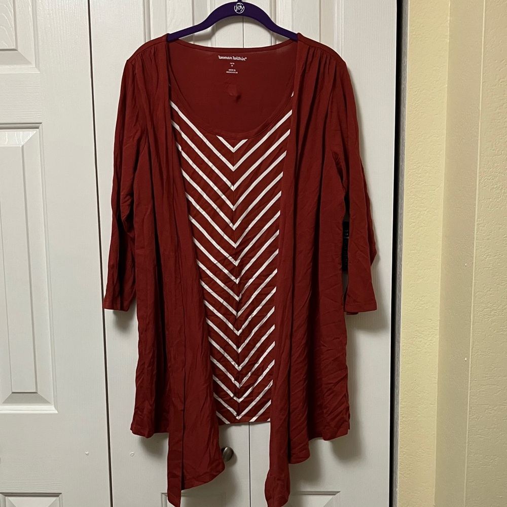 Woman Within Brick Red Cardigan and Striped Top Set